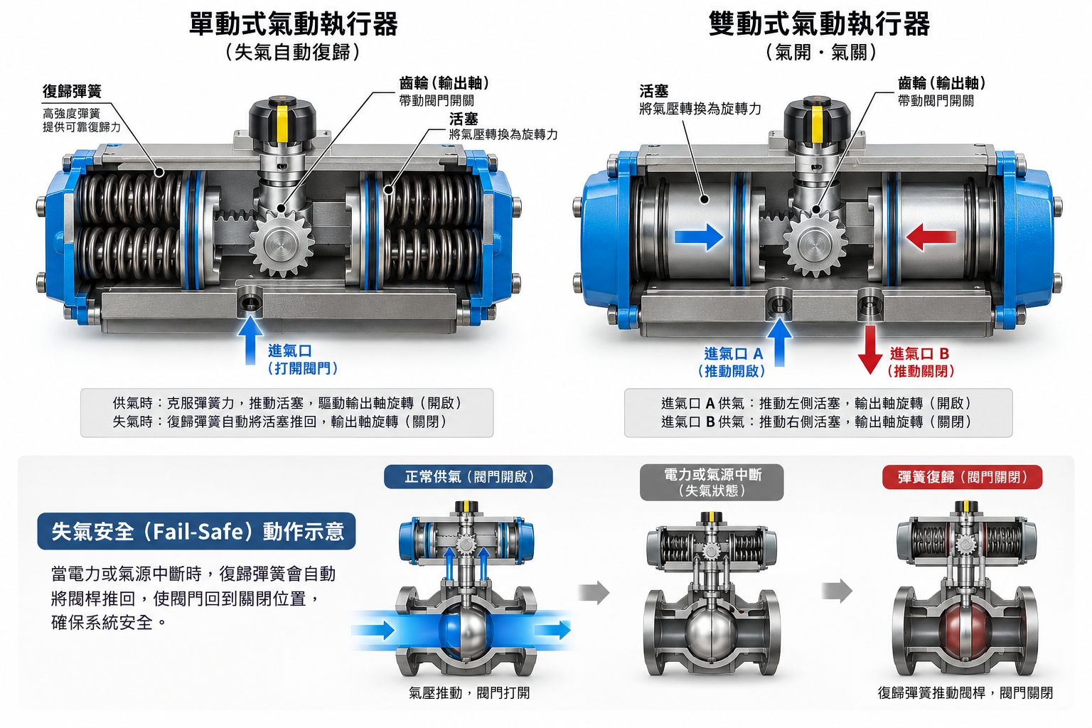 單動式與雙動式氣動執行器內部結構比較，顯示彈簧復歸與雙向氣壓驅動原理